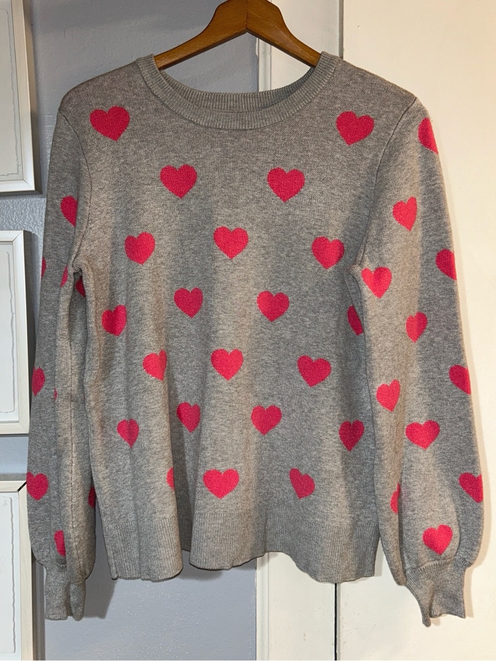 Marled Gray Crewneck Sweater with Pink Heart Print